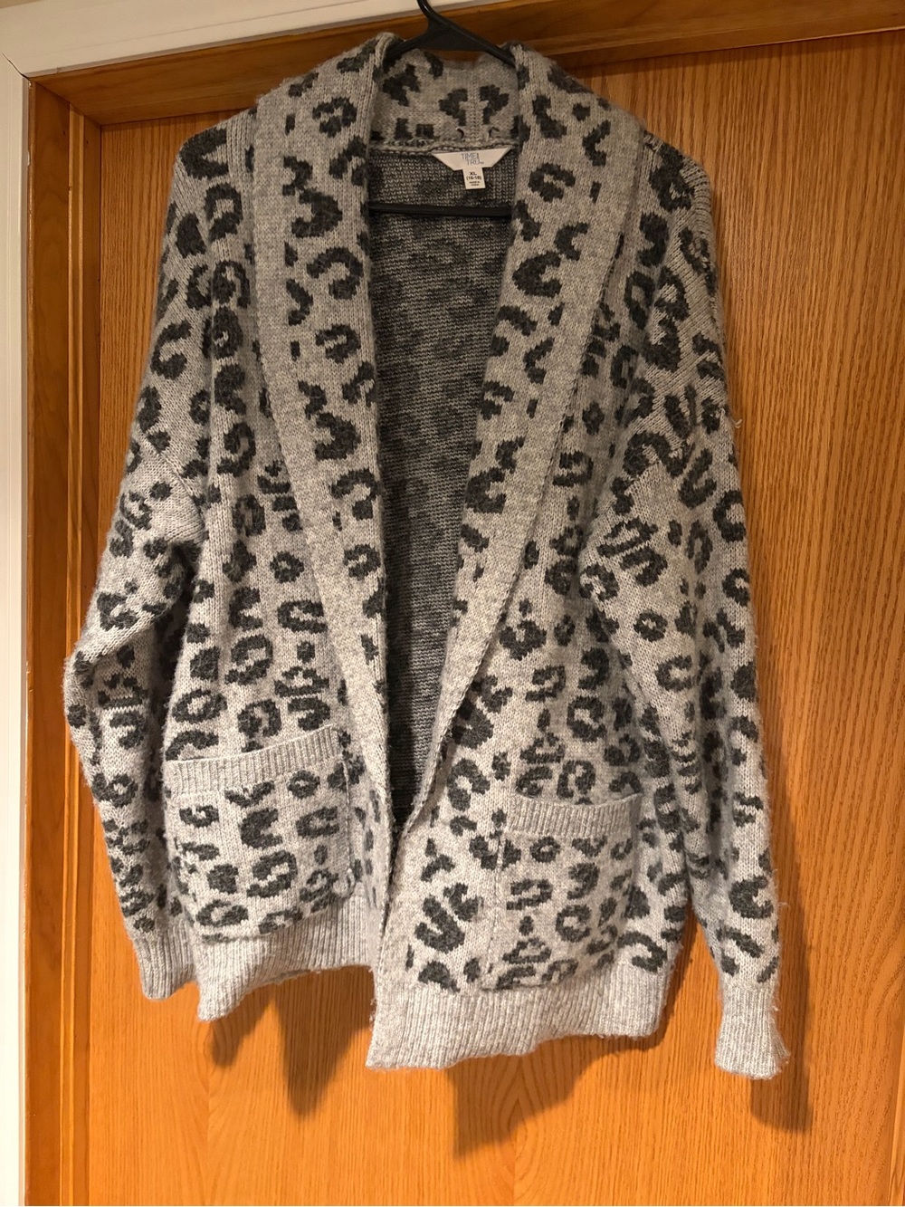 Time and Tru Gray Leopard-Print Open Cardigan